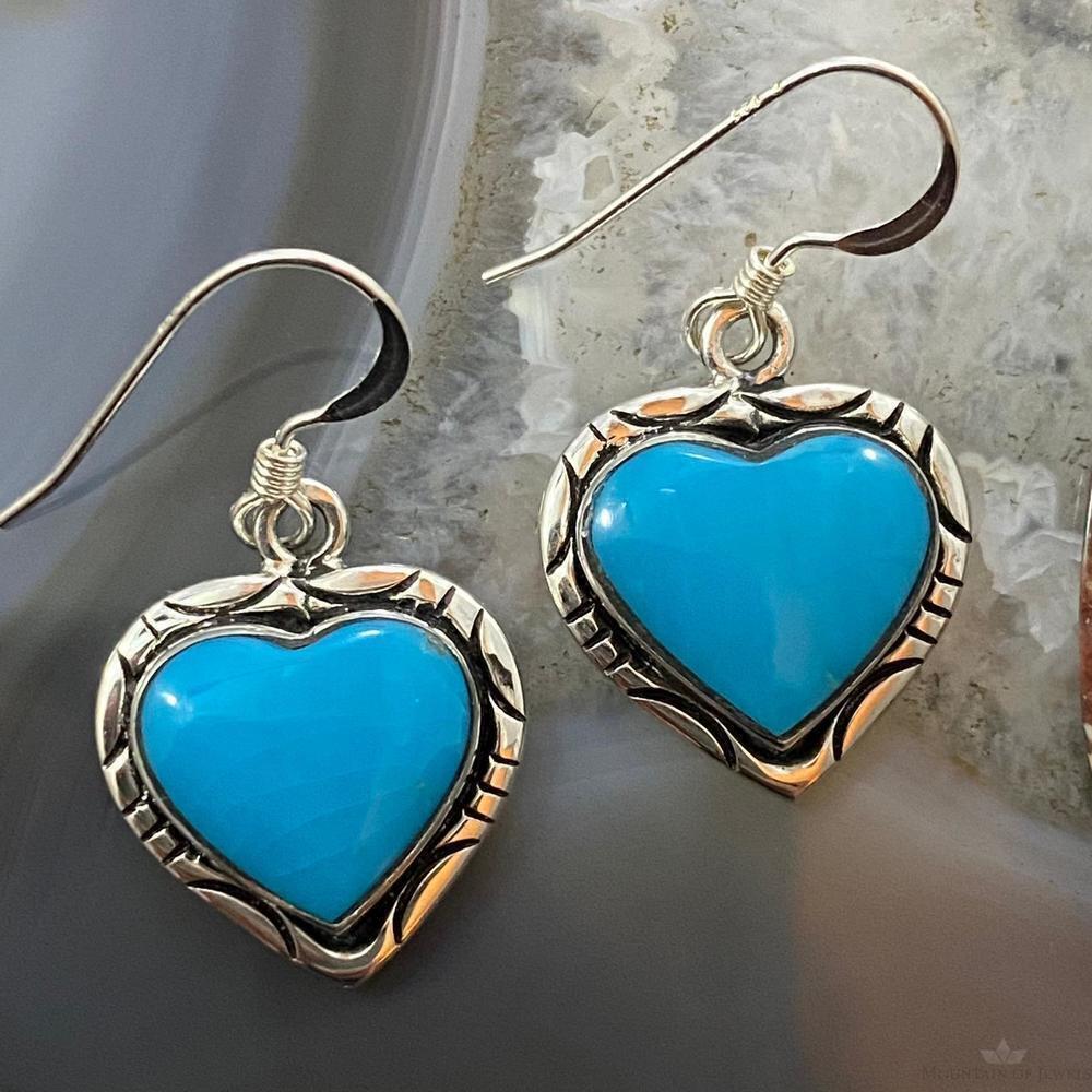 Native American Sterling Kingman Turquoise Heart Dangle Earrings For Women